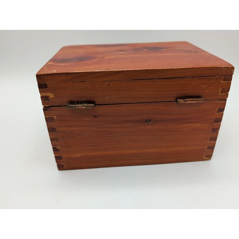 Vintage Cedar Wooden Hinged Recipe Index File Trinket Box